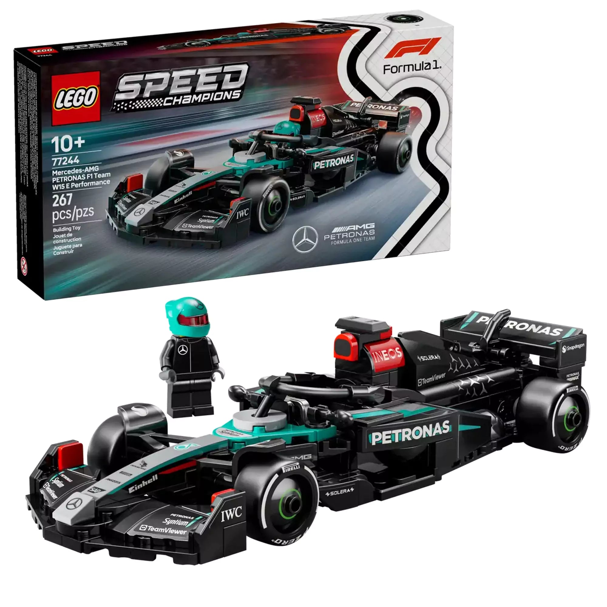 LEGO Speed Champions Mercedes-AMG F1 W15 versenyautó készlet doboza és az összerakott modell pilóta minifigurával.