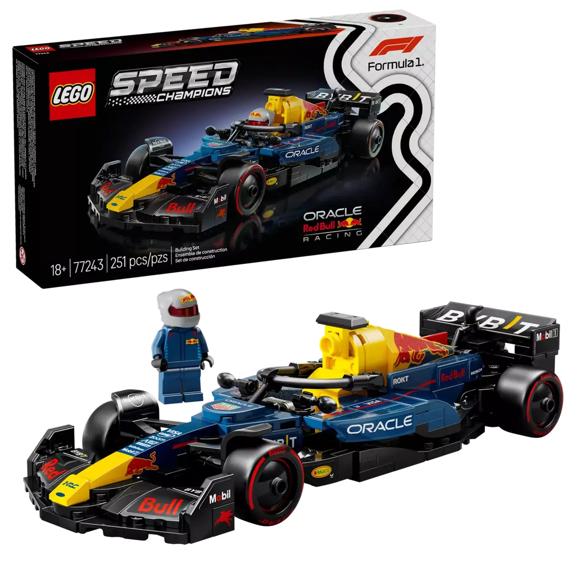 LEGO Speed Champions Oracle Red Bull Racing RB18 (77243) – A készlet doboza, az összerakott F1-es versenyautó és a pilóta minifigura egy képen.