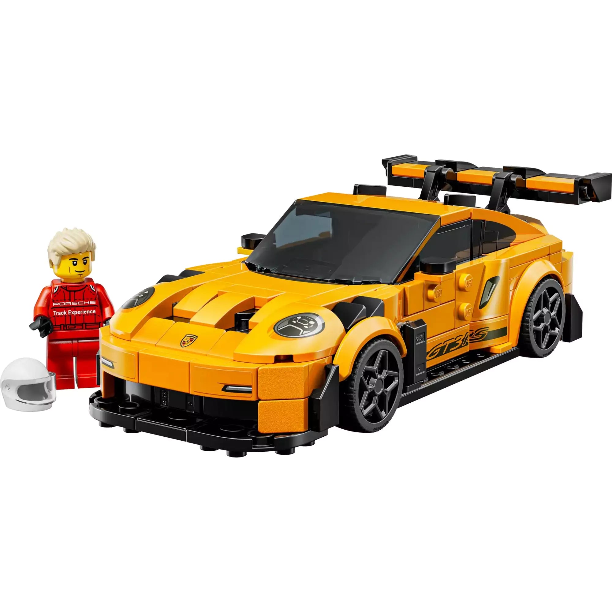 LEGO Speed Champions Porsche 911 GT3 RS (77239) sárga sportautó minifigurával és fehér sisakkal, részletgazdag kialakítással.