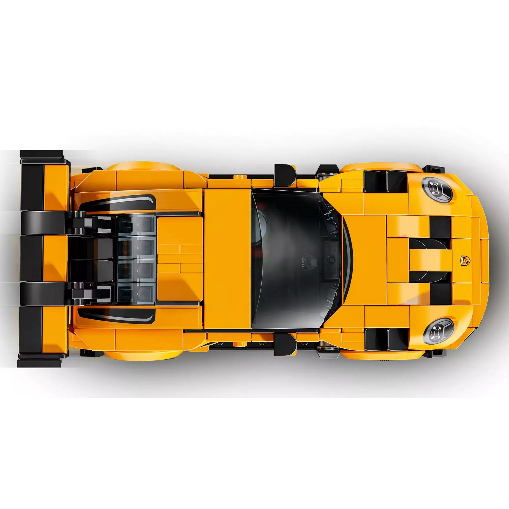 A LEGO Porsche 911 GT3 RS (77239) felülnézetben, kiemelve az autó aerodinamikai formáját és tetőrészletét.