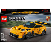 A LEGO Speed Champions Porsche 911 GT3 RS (77239) doboz eleje, a sárga sportautó versenypályán száguld.