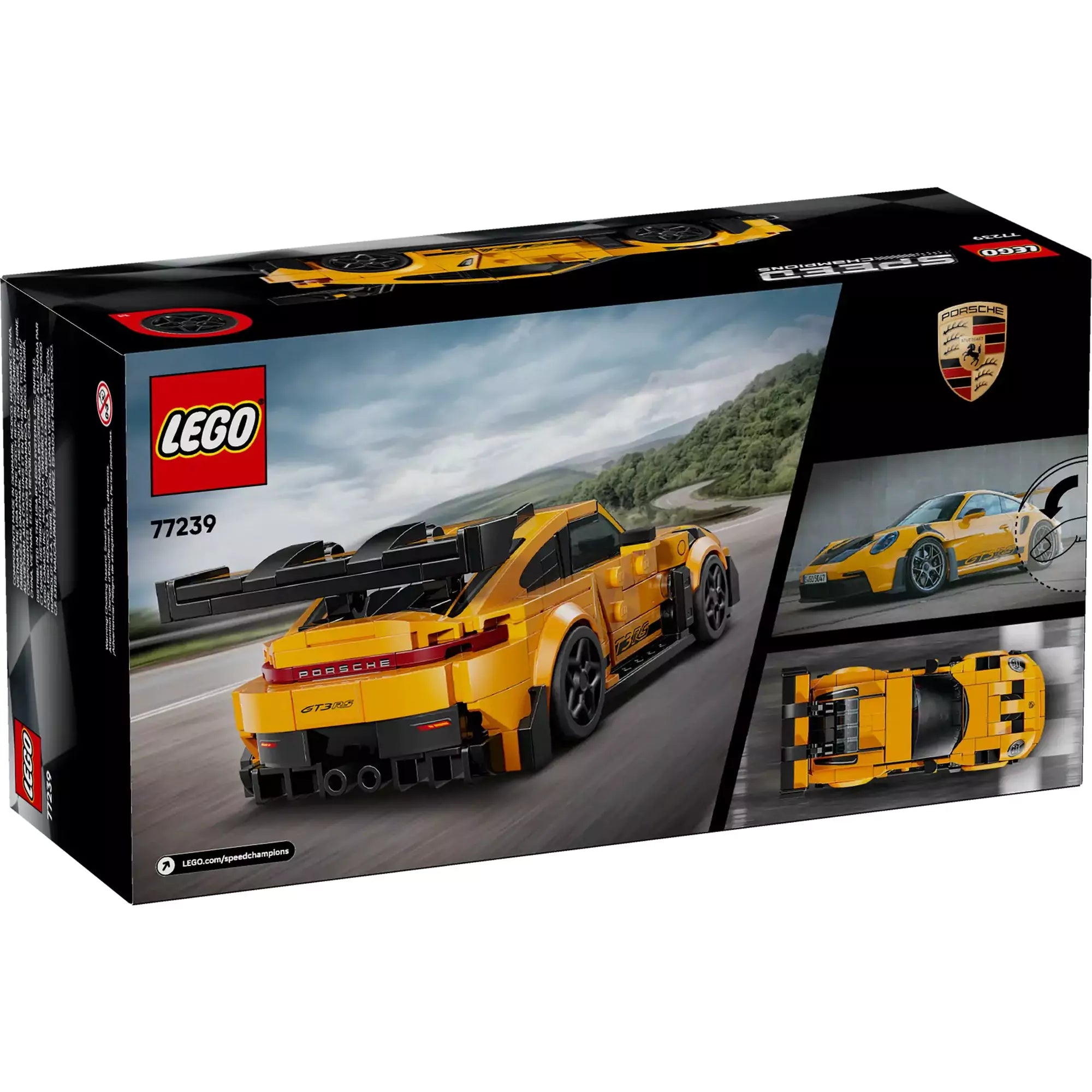 A LEGO Porsche 911 GT3 RS (77239) dobozának hátoldala, bemutatva az autót és annak valódi megfelelőjét.