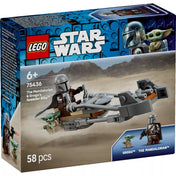LEGO Star Wars The Mandalorian és Grogu gyorsmotorja (75436) dobozképe, a Tatooine sivatagában száguldó speeder bike-kal, Mandalorian minifigurával és Grogu figurával.