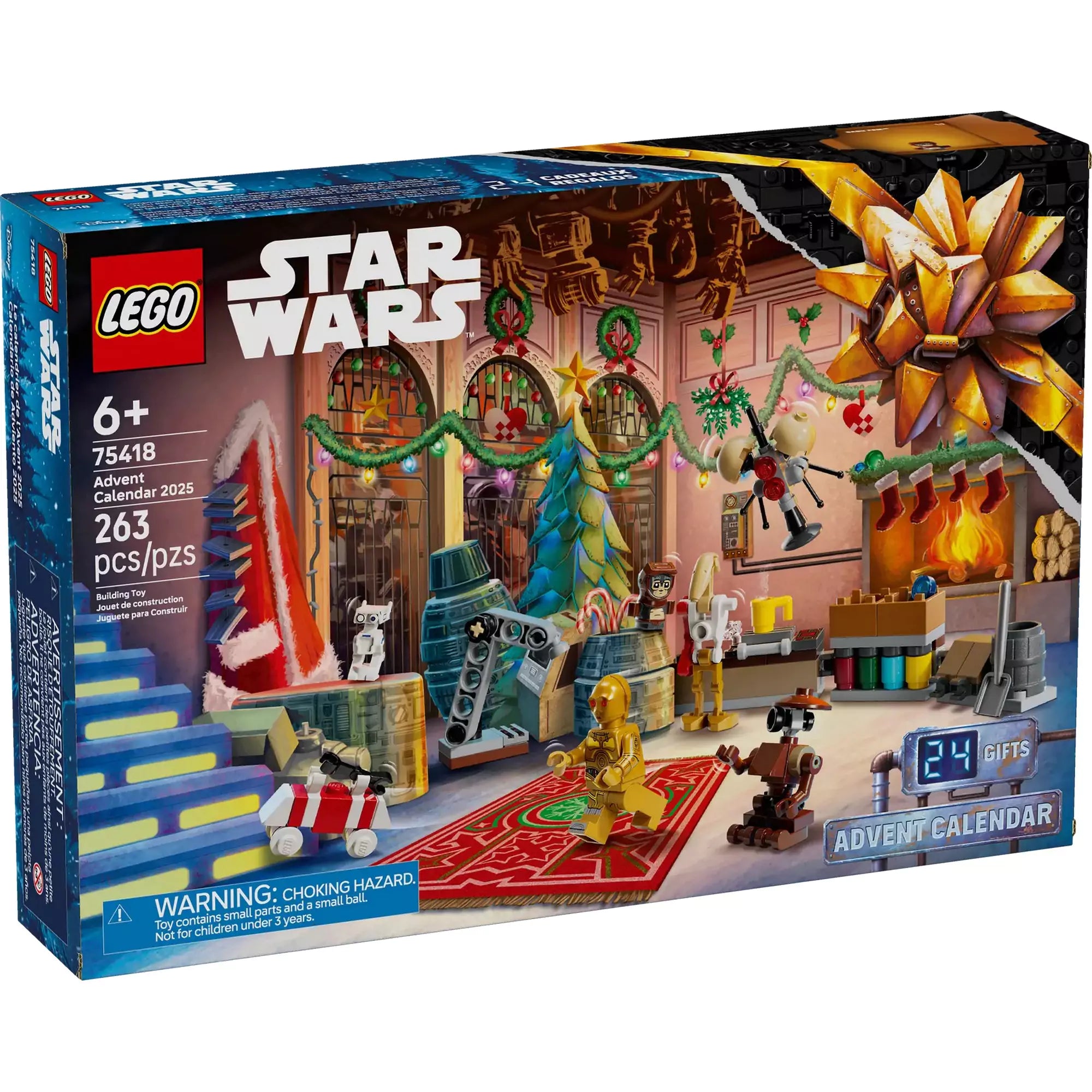 LEGO Star Wars Adventi naptár 2025 (75418) doboz előlnézetben, ünnepi díszítéssel és droidépítő műhellyel, 24 ajtóval és karácsonyi hangulattal.