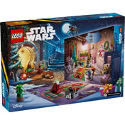 LEGO Star Wars Adventi naptár 2025 (75418) doboz hátoldala, ünnepi droidműhely illusztrációval, ajtókkal és bemutatott figurákkal, kiegészítőkkel.