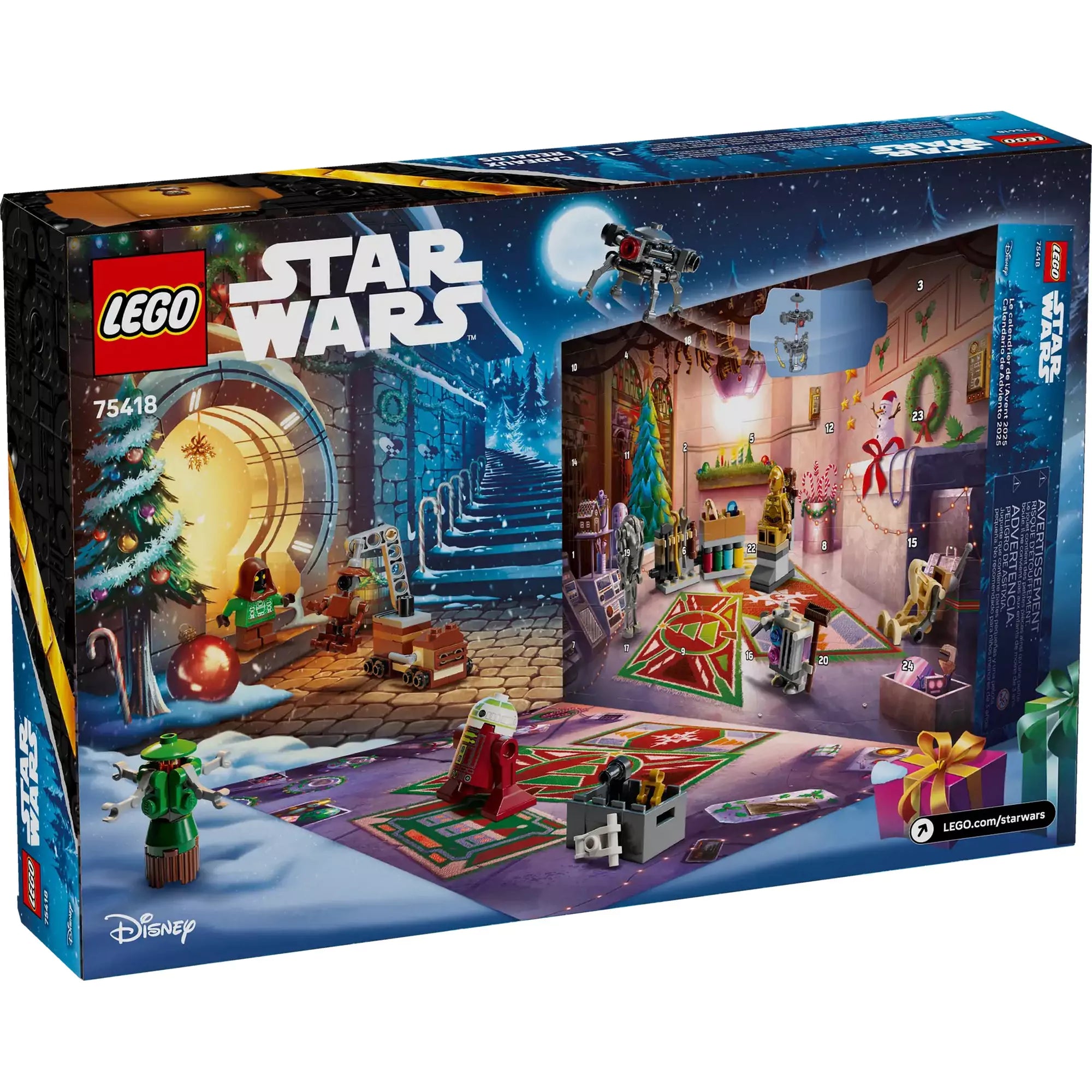 LEGO Star Wars Adventi naptár 2025 (75418) doboz hátoldala, ünnepi droidműhely illusztrációval, ajtókkal és bemutatott figurákkal, kiegészítőkkel.