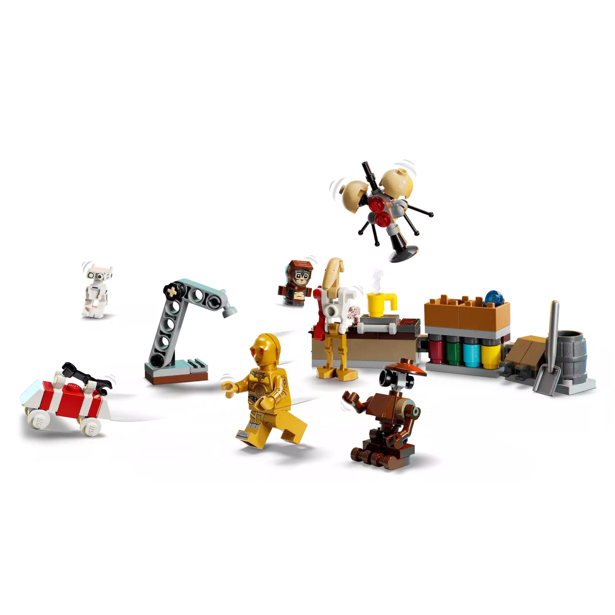 LEGO Star Wars Adventi naptár 2025 válogatott figurái és miniépítményei, köztük C-3PO, harci droid, droidtartozékok és ünnepi kiegészítők.