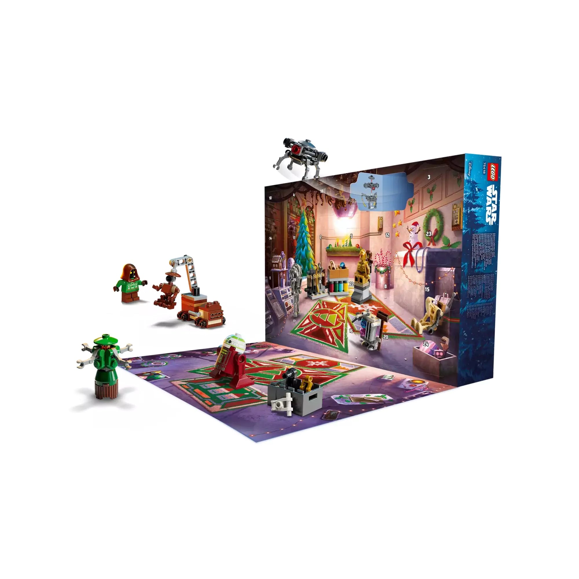 LEGO Star Wars Adventi naptár 2025 nyitott állapotban, karácsonyi droidműhely háttérrel, figurákkal és miniépítményekkel elhelyezve.