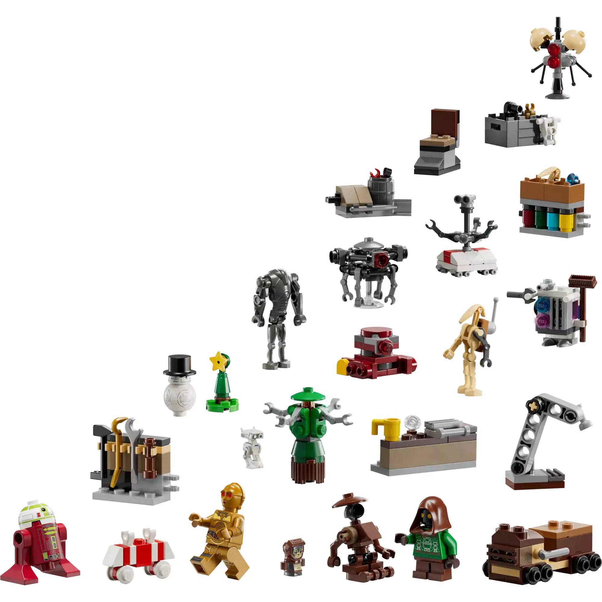 LEGO Star Wars Adventi naptár 2025 tartalma: C-3PO, Babu Frik, Jawa, karácsonyi droidok, BB-8 hóemberként és számos ünnepi miniépítmény.