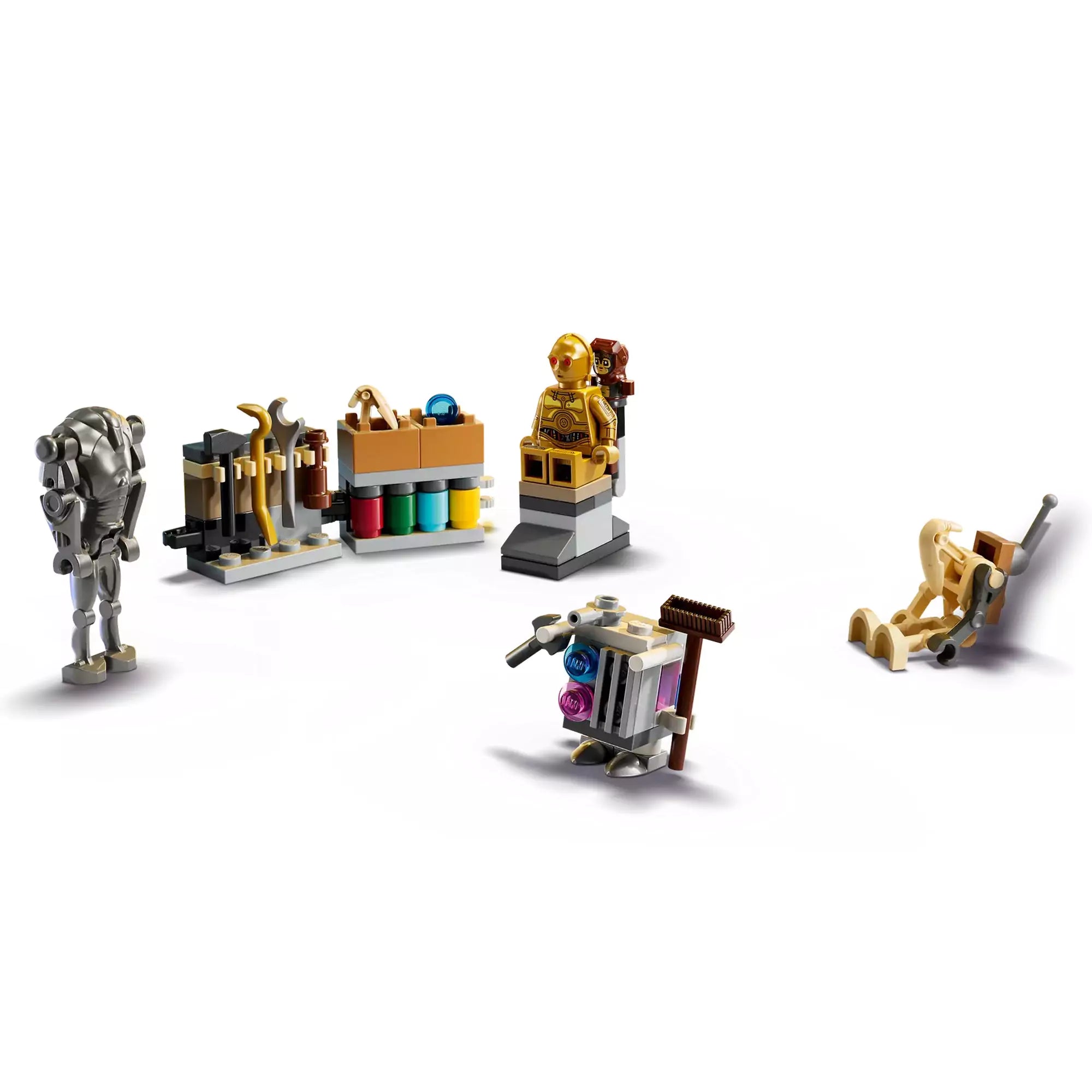 LEGO Star Wars Adventi naptár 2025 droidépítő kiegészítők: szerszámállvány, színes alkatrészdoboz, C-3PO trónszékben és különféle droidok.