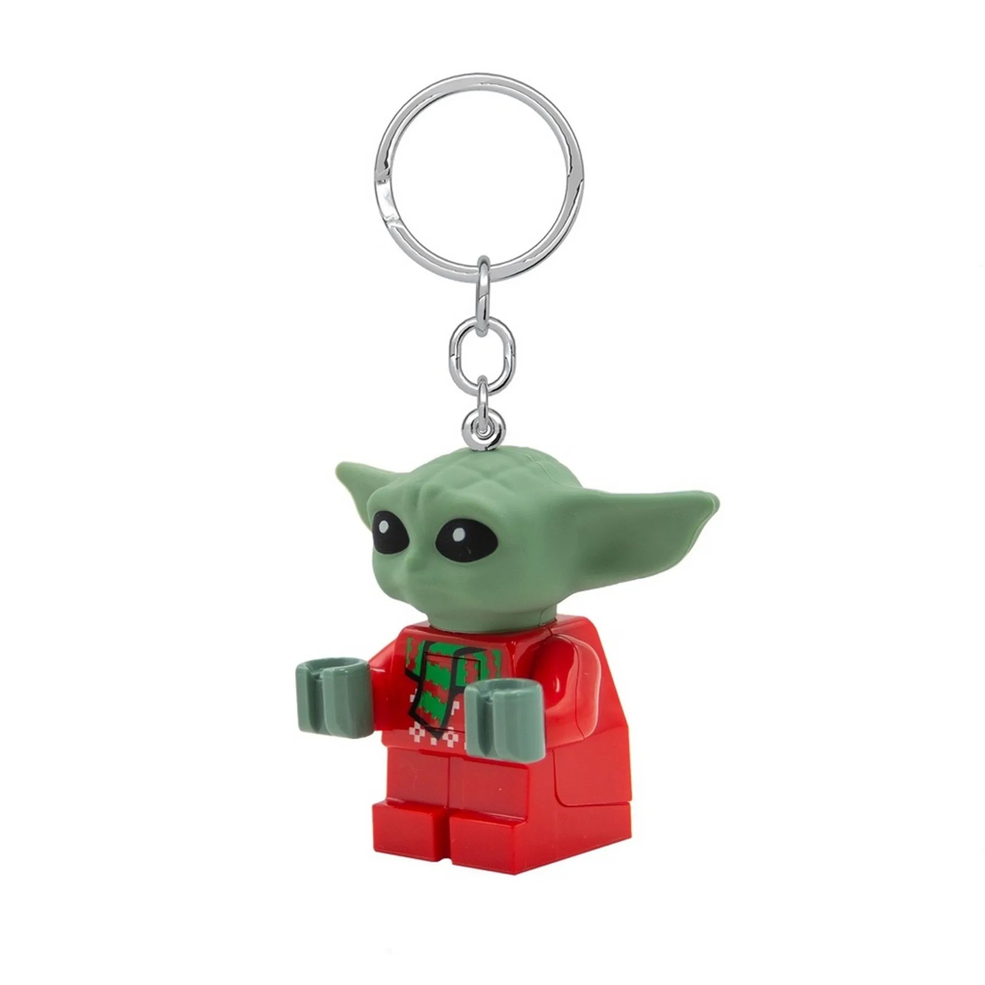 „LEGO Star Wars Grogu – Baby Yoda LED-es brelok piros ünnepi pulcsiban, zöld minifigura nagy fülekkel, kulcstartó karikával.