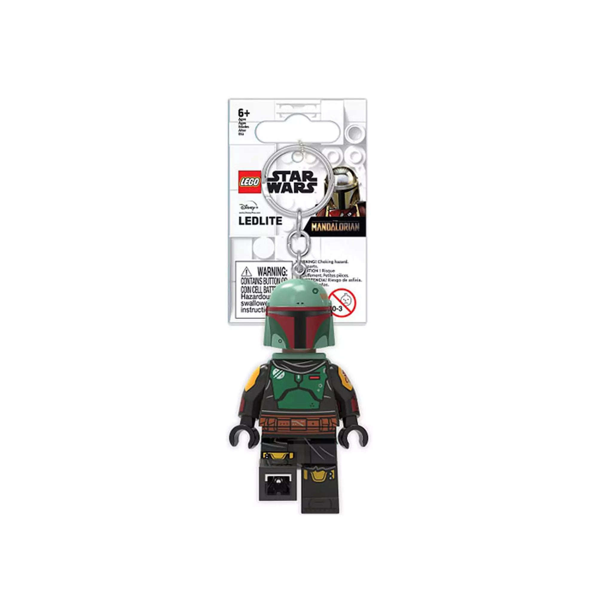 LEGO Star Wars Boba Fett LED kulcstartó, Mandalorian dizájnnal, zöld sisakkal és részletgazdag páncéllal, eredeti csomagolásban.