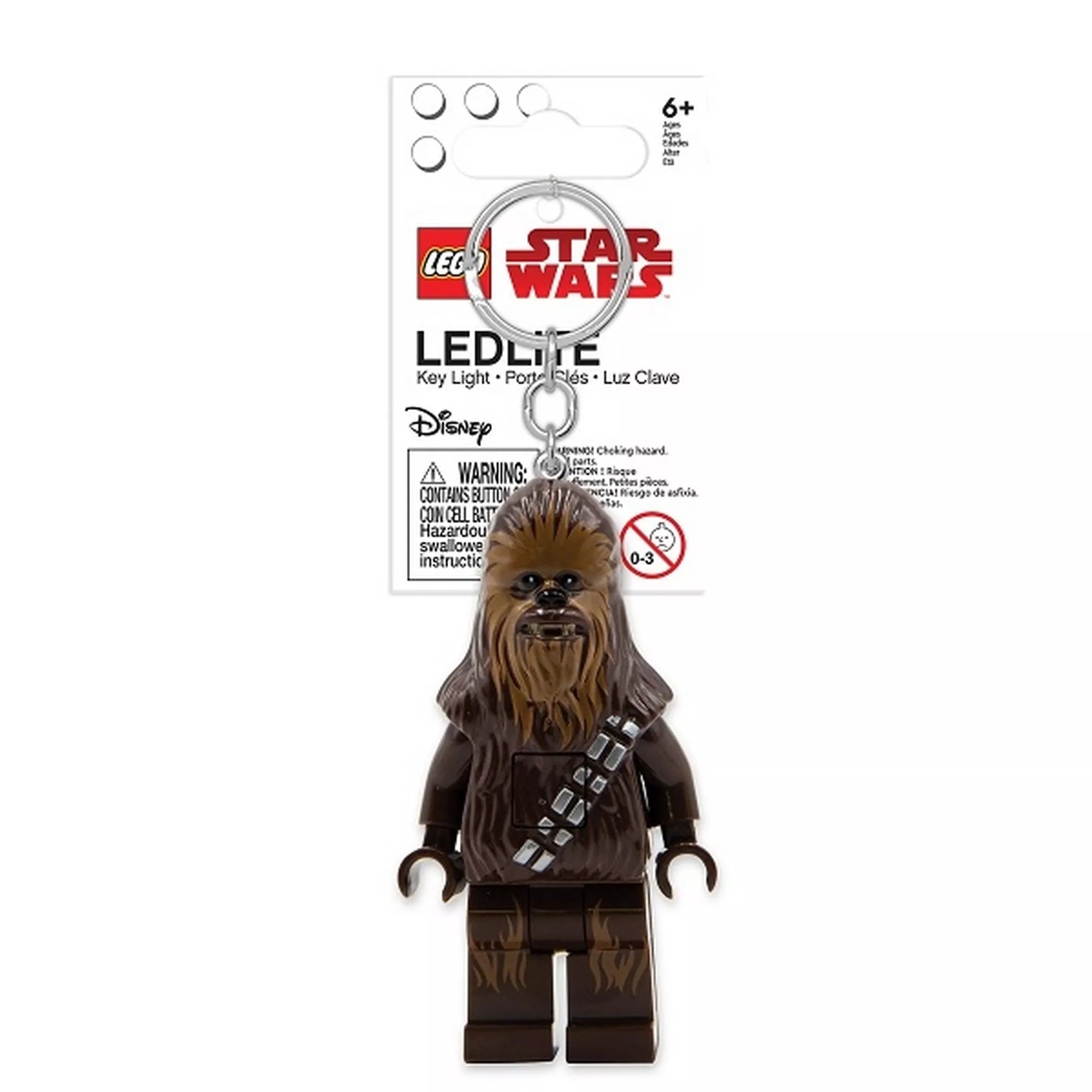 A LEGO Star Wars: Chewbacca LED kulcstartó csomagolása, rajta a híres Wookie harcos minifigurával. A kulcstartó fém karikával, mozgatható végtagokkal és LED-fénnyel rendelkezik, ideális gyűjtőknek és Star Wars-rajongóknak.