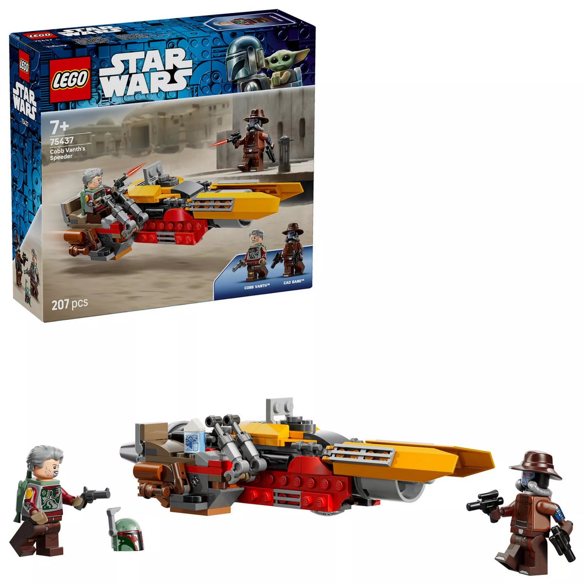 LEGO Star Wars 75437 Cobb Vanth speeder készlet a dobozzal együtt, a teljes speeder modell, minifigurák és kiegészítők jól látható elrendezésben.