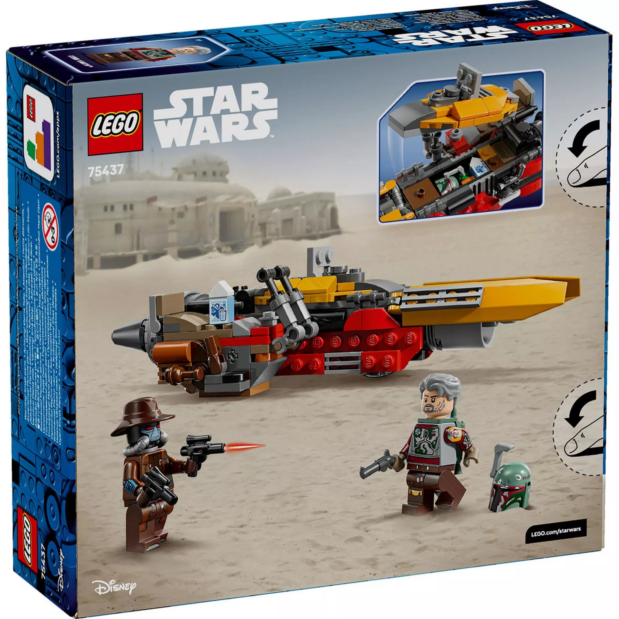 LEGO Star Wars Cobb Vanth speeder építőszett hátoldala, a speeder részleteivel, titkos tárolórekesszel, kiegészítőkkel és a két Star Wars minifigurával.