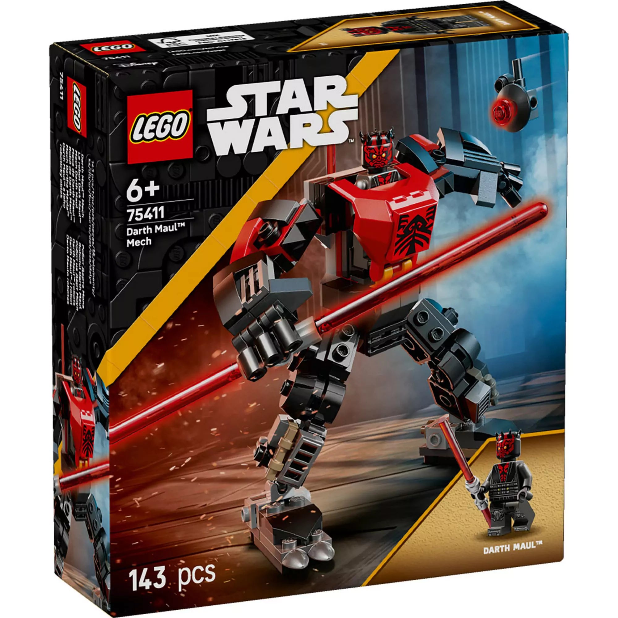 A kép a LEGO Star Wars Darth Maul Mech (75411) készlet színes dobozát mutatja, rajta a Darth Maul figurával és a 143 darabos mechával, vörös és fekete színsémával.