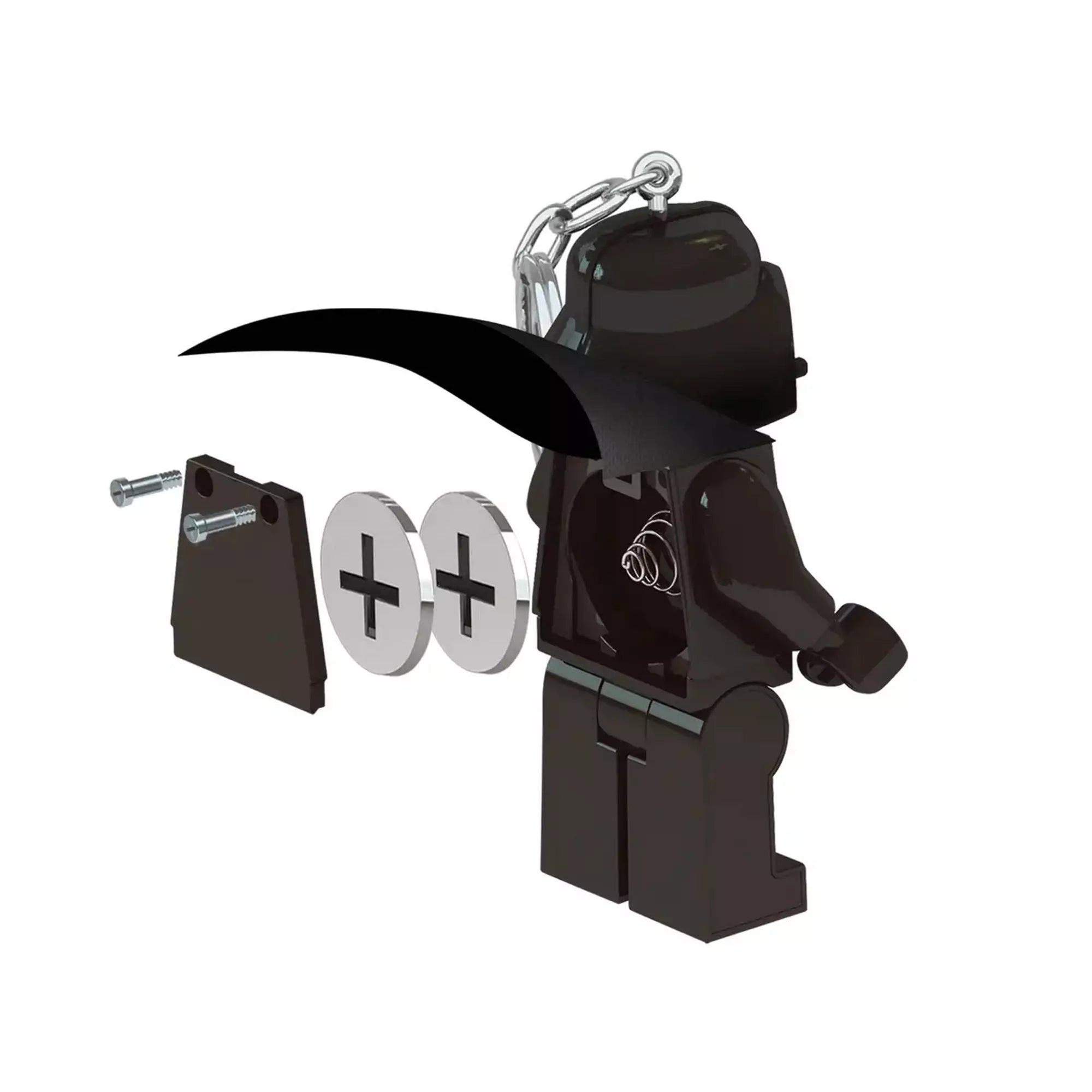 LEGO Star Wars Darth Vader LED kulcstartó hátulról, szétszerelt állapotban, látható elemekkel és csavarokkal.