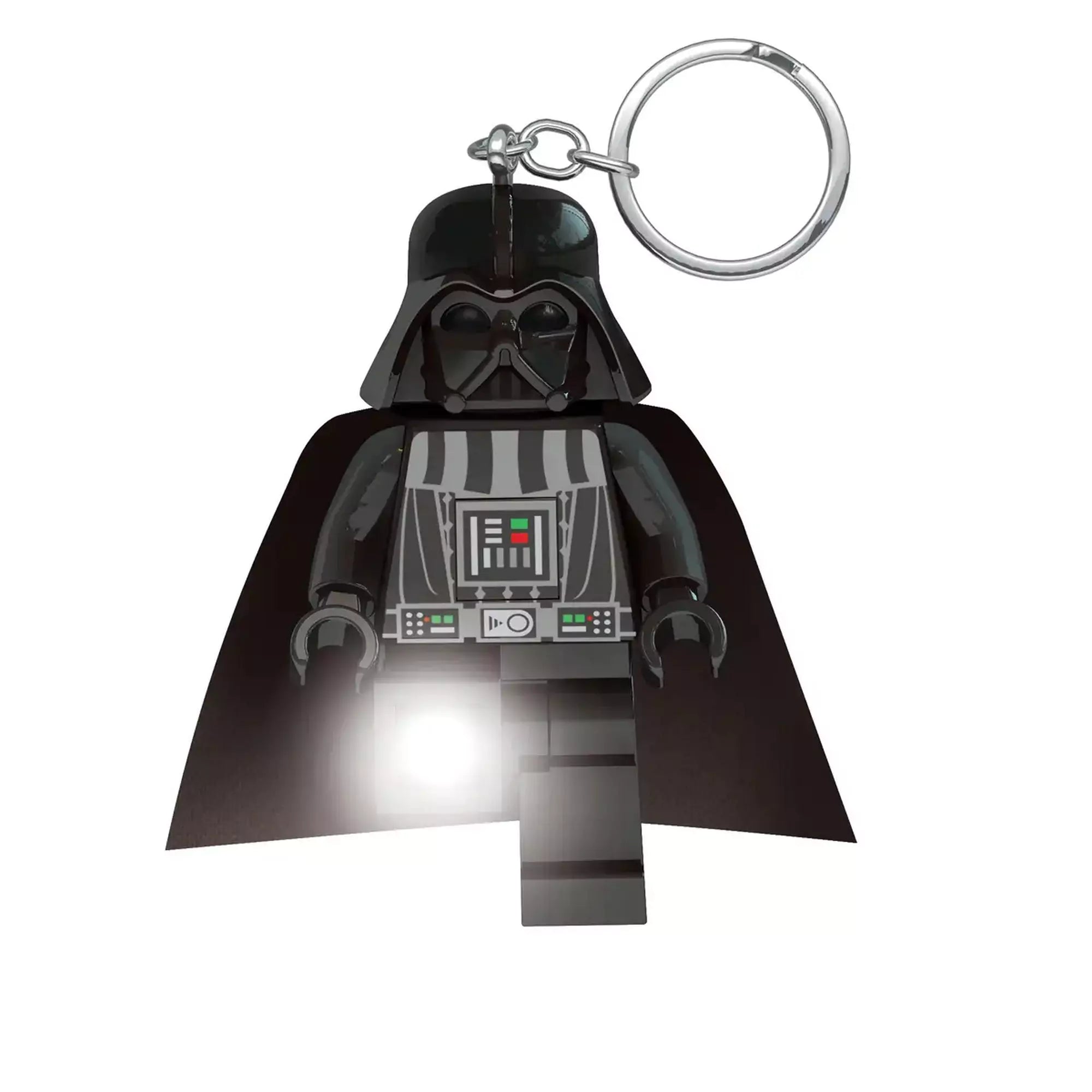 LEGO Star Wars Darth Vader LED kulcstartó működés közben, világító lábbal, fekete köpenyben és jellegzetes sisakban.
