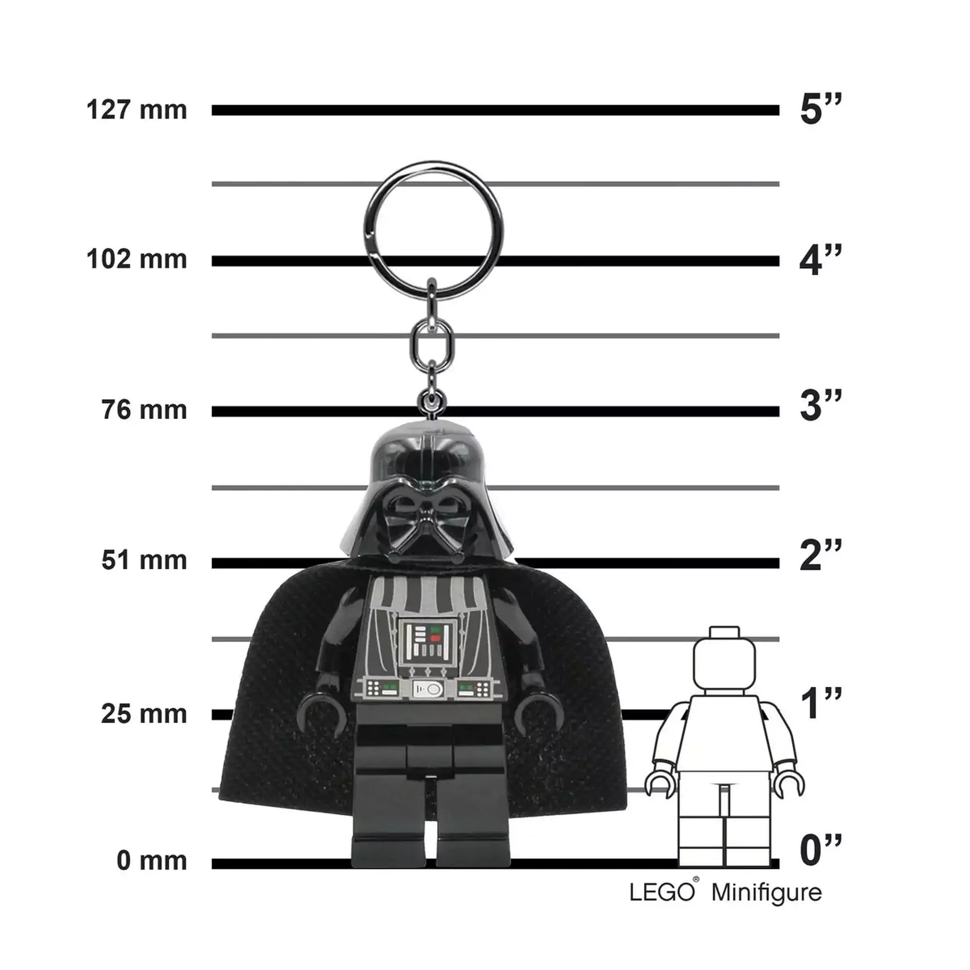 LEGO Star Wars Darth Vader LED kulcstartó méretarányos ábrán, 127 mm magas jelöléssel.