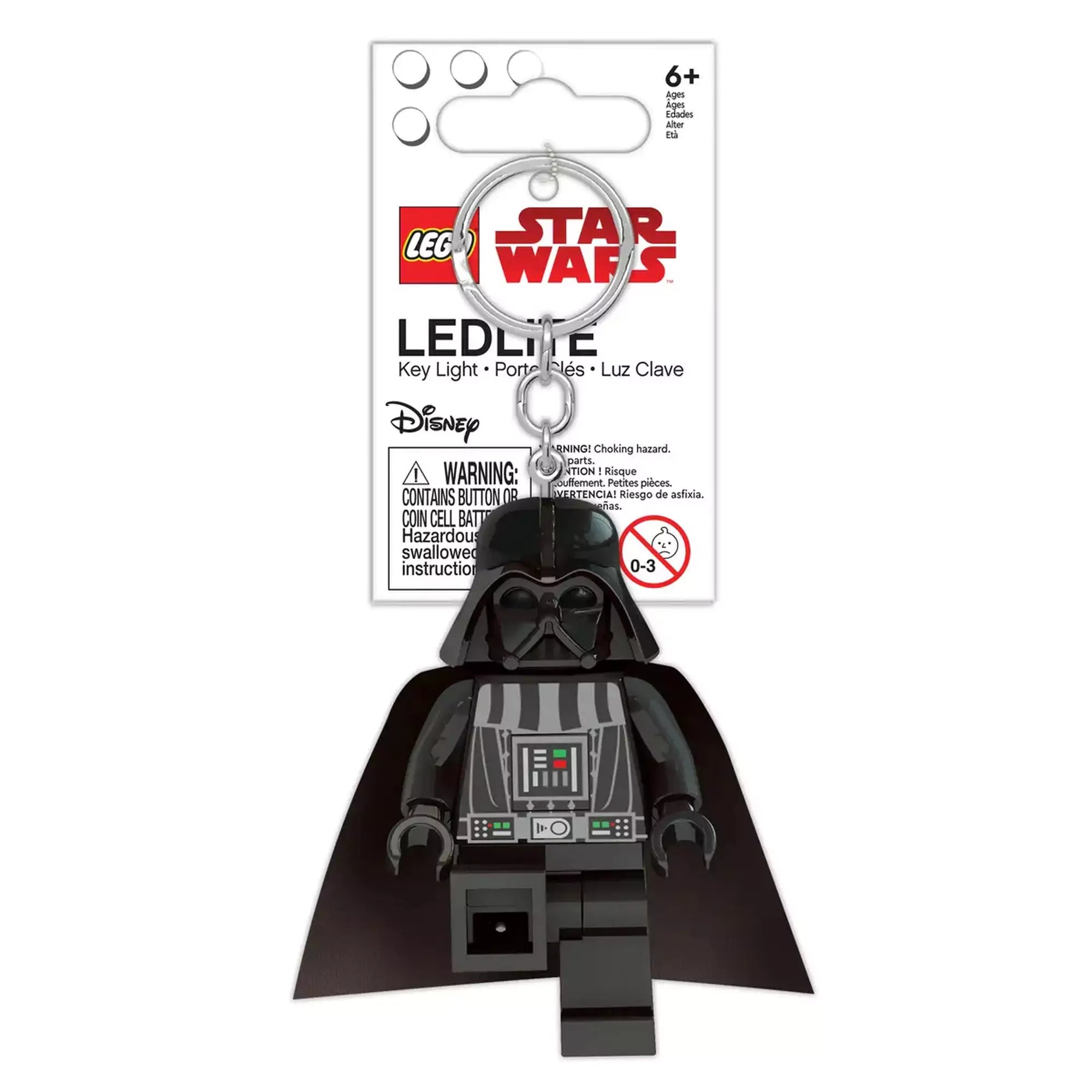 LEGO Star Wars Darth Vader LED kulcstartó a gyári csomagolásban, Star Wars logóval ellátott bliszteren.