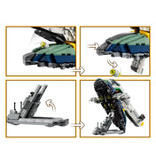 LEGO Star Wars: Jango Fett csillaghajója (75433) játékelemek és funkciók közelről, a mozgatható szárnyakkal és ledobható bombával.