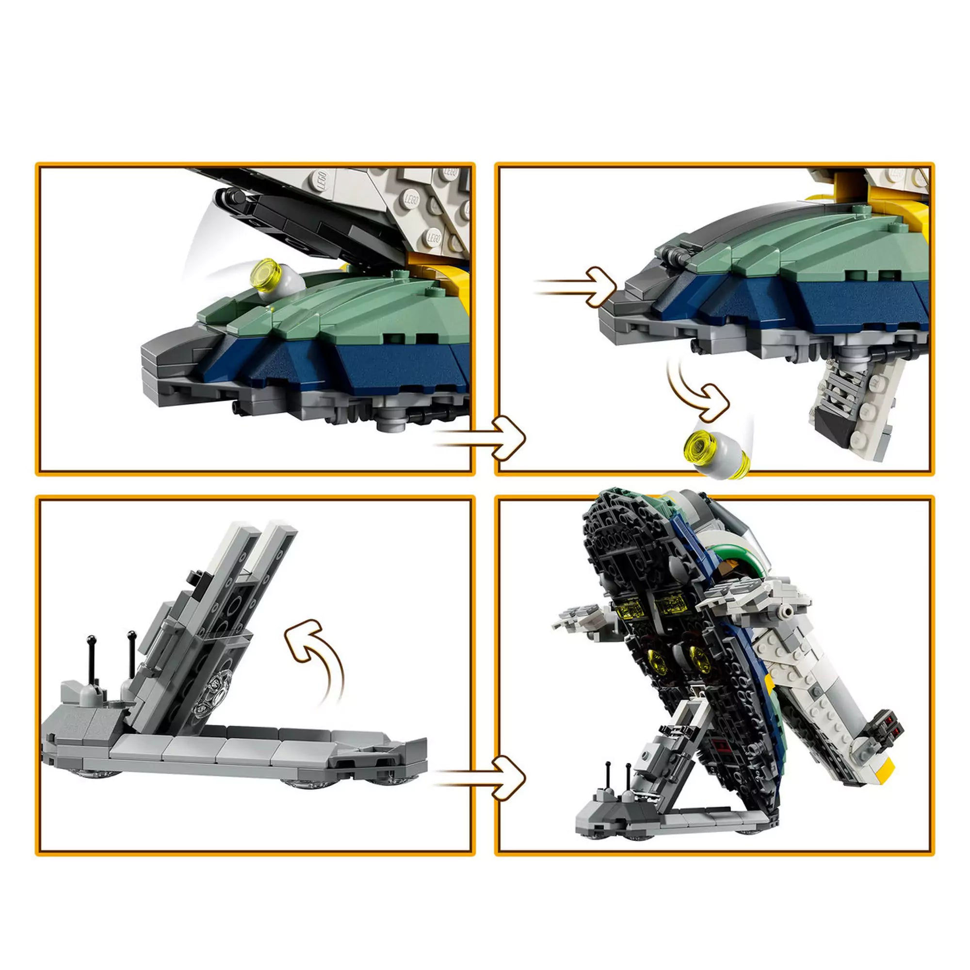 LEGO Star Wars: Jango Fett csillaghajója (75433) játékelemek és funkciók közelről, a mozgatható szárnyakkal és ledobható bombával.