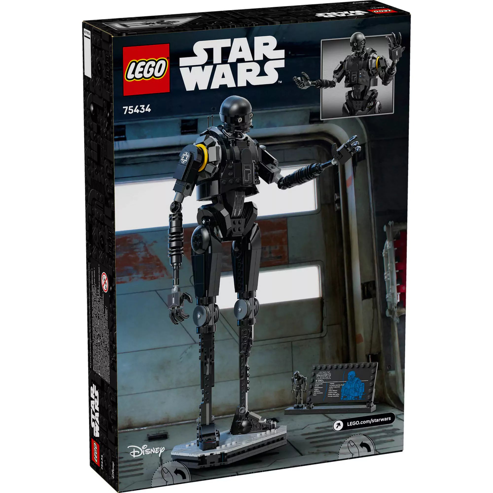 LEGO Star Wars: K-2SO biztonsági droid (75434) hátoldali dobozkép – a doboz hátlapja bemutatja a droid mozgatható karját és információs tábláját.