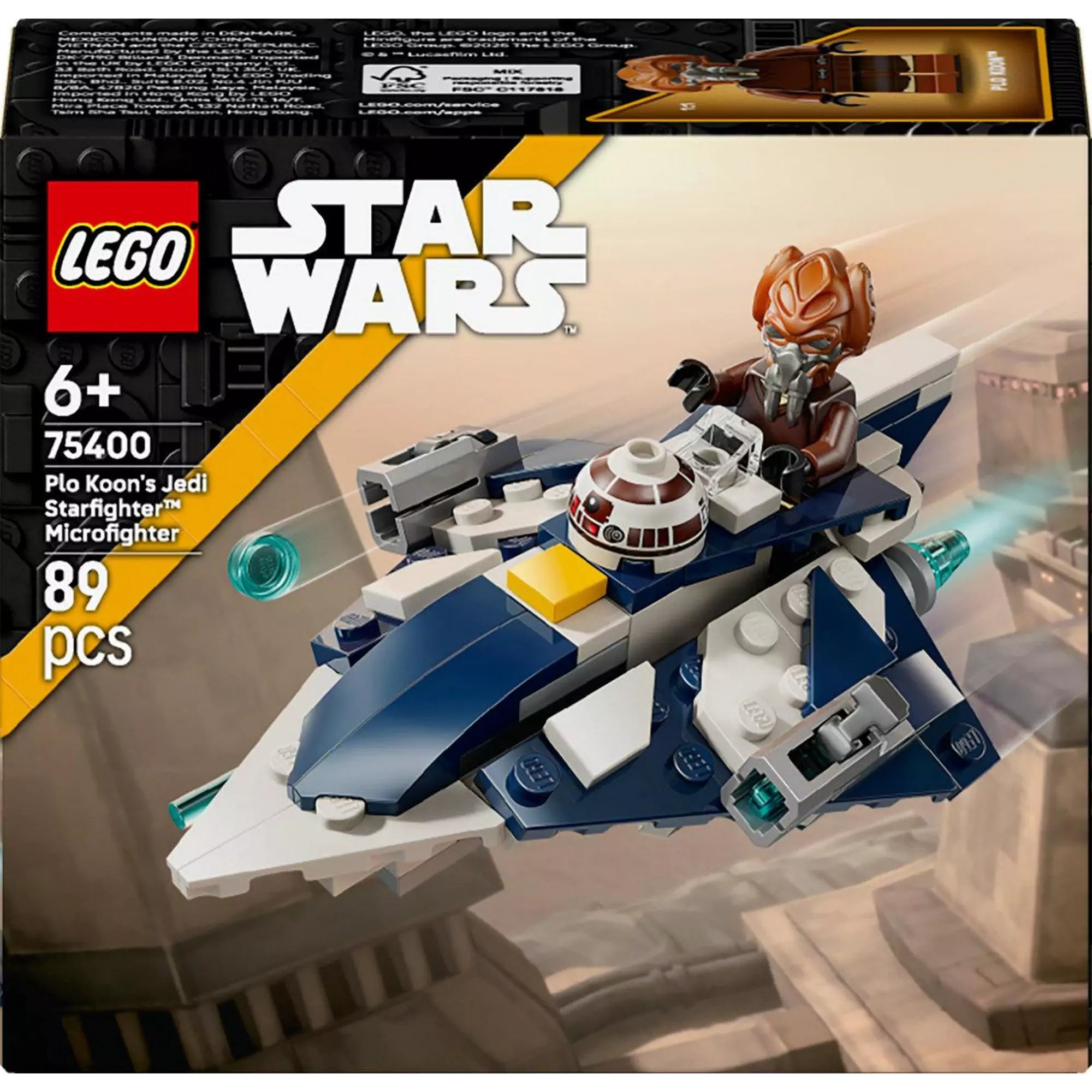 A LEGO Star Wars Plo Koon Jedi csillagvadásza microfighter doboza akciójelenetet ábrázol, amelyen Plo Koon a pilótafülkében ül és repül a város felett.