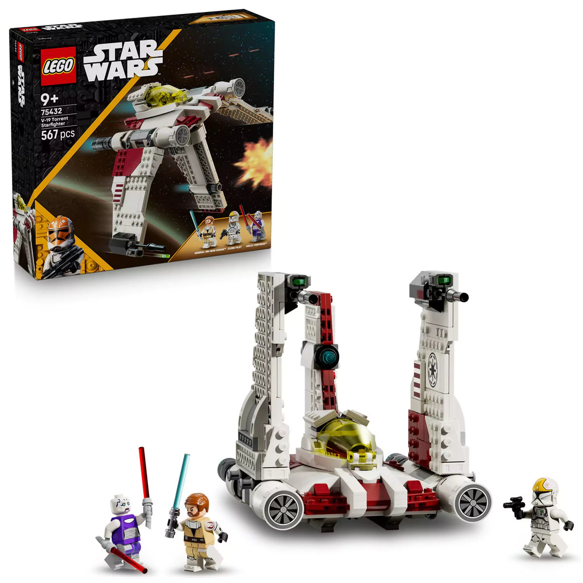 Doboz és kész modell: LEGO Star Wars: V-19 Torrent-osztályú csillagvadász (75432) doboza és a teljesen felépített csillagvadász minifigurákkal.