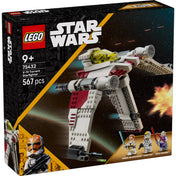 Dobozkép elölről: LEGO Star Wars: V-19 Torrent-osztályú csillagvadász (75432) doboza, a 3 minifigurával és a repülő űrhajóval akció közben.