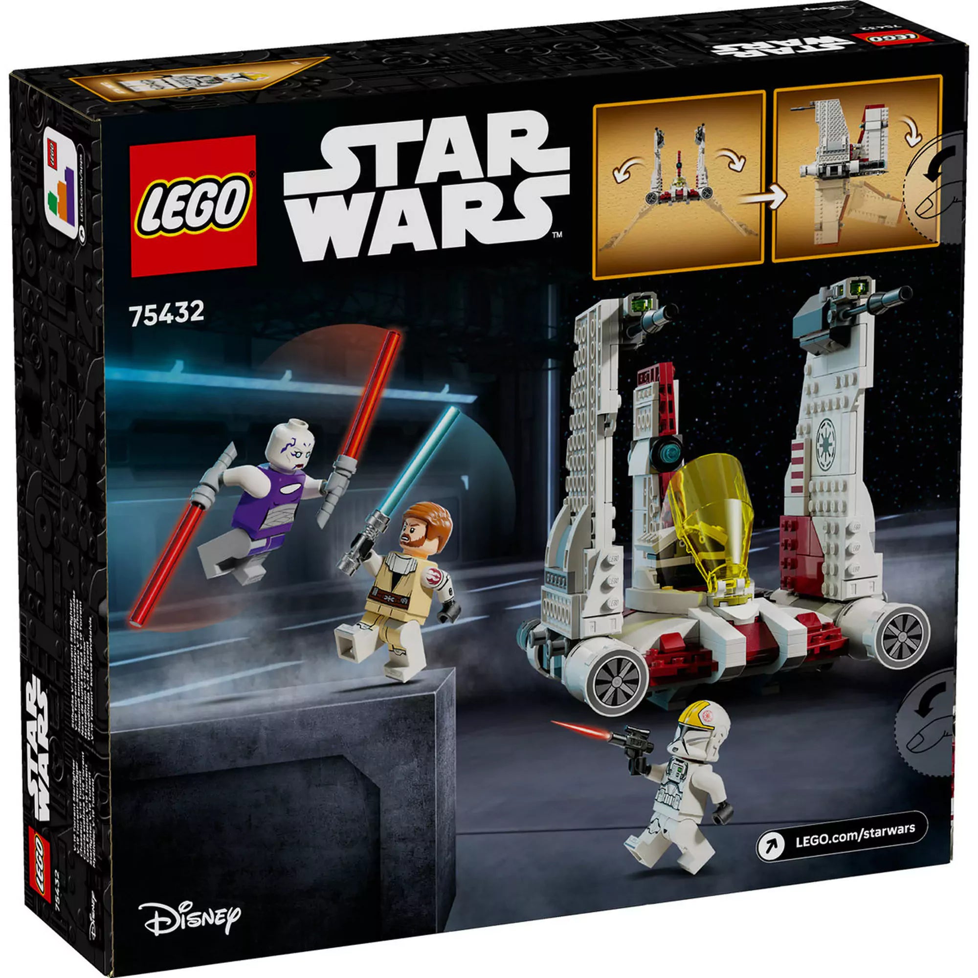 Dobozkép hátulról: LEGO Star Wars: V-19 Torrent-osztályú csillagvadász (75432) doboz hátulja, a játszható funkciókkal és akciójelenettel.
