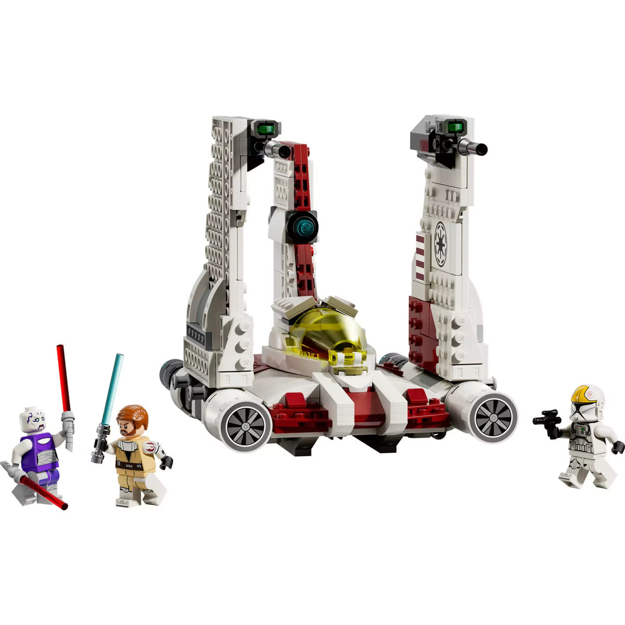 Teljes készlet figurákkal: LEGO Star Wars: V-19 Torrent-osztályú csillagvadász (75432) teljes készlete, minifigurákkal és csillagvadásszal kiállítva.