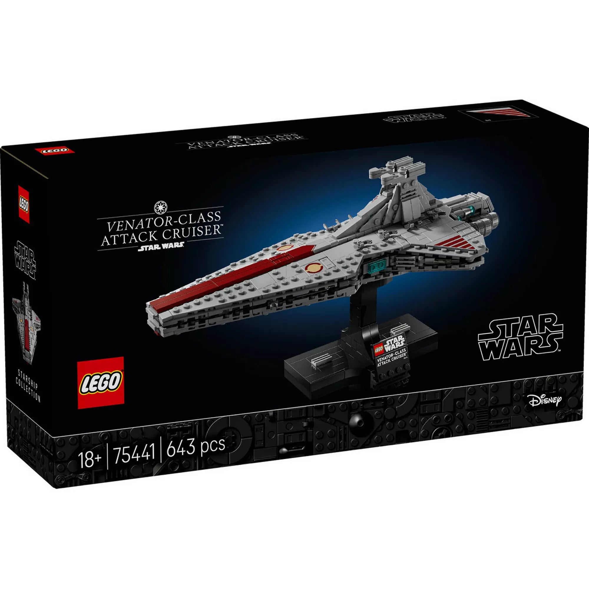 LEGO Star Wars 75441 Venator-osztályú támadó cirkáló építőkészlet dobozának előlapja, a közepes méretarányú Venator modell kiállító talapzaton, névtáblával, 18+ jelöléssel.