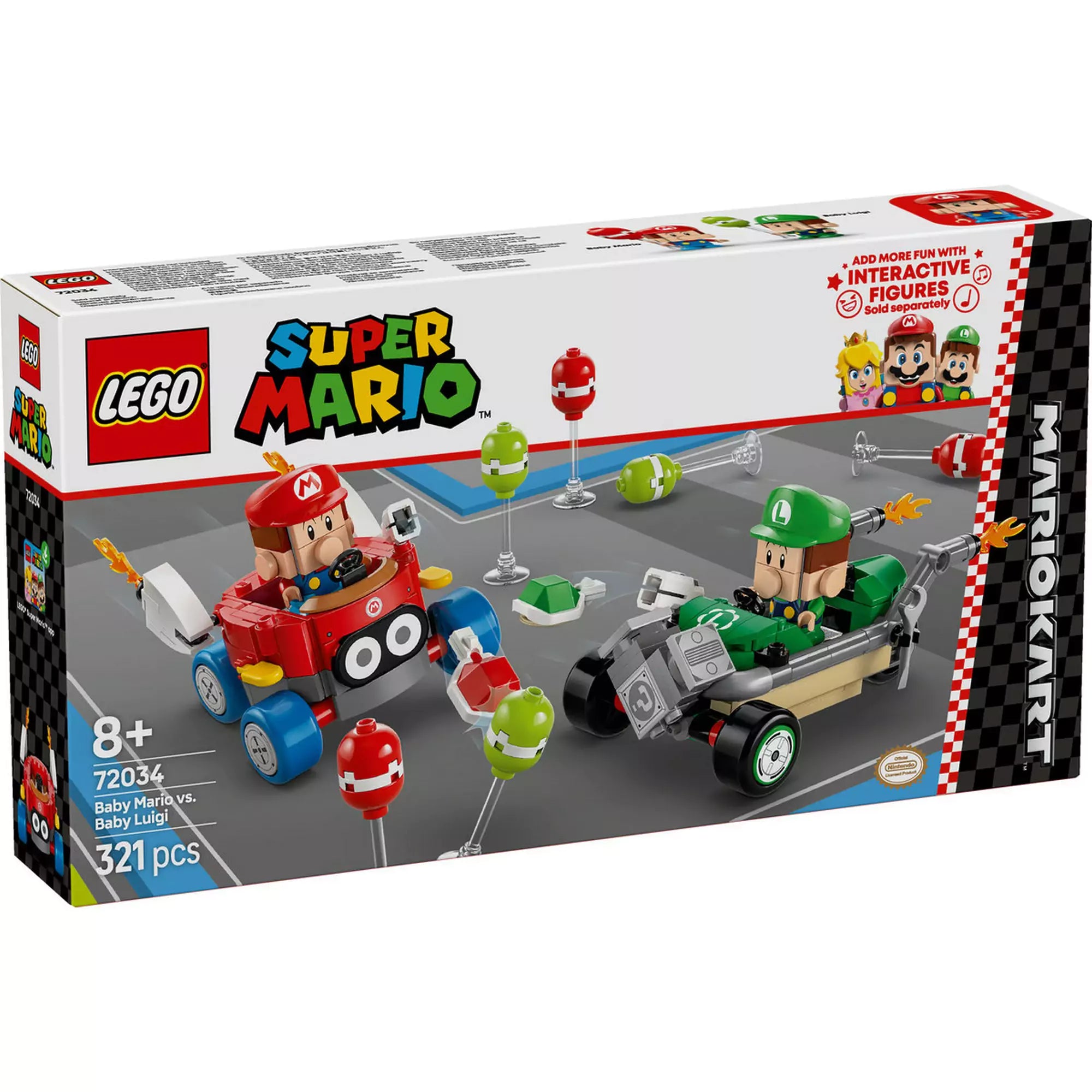 A LEGO Super Mario Mario Kart, Baby Mario és Baby Luigi (72034) dobozának eleje, amely bemutatja a tartalmazott karaktereket és játékelemeket.