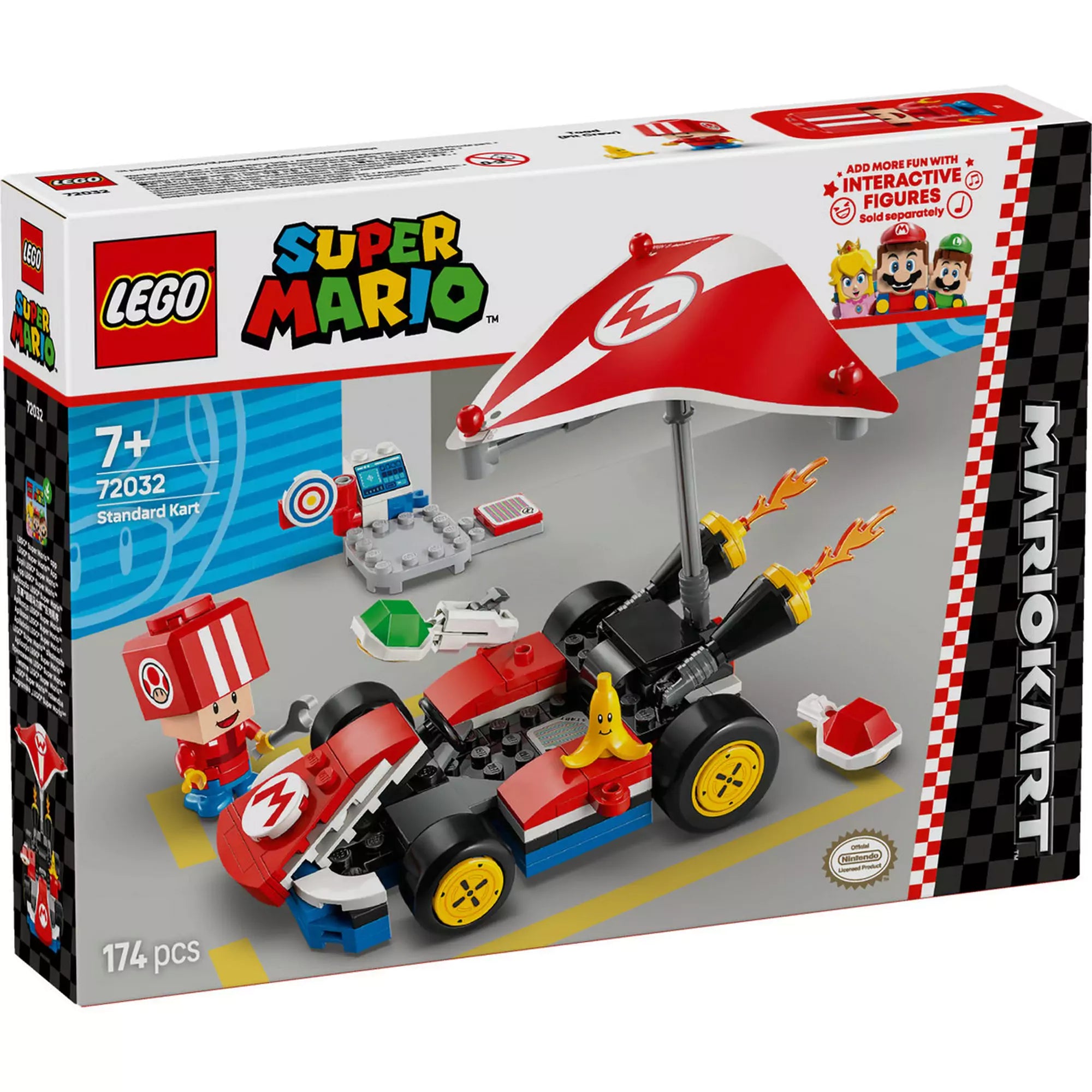 A LEGO Super Mario Mario Kart, Standard Kart 72032 doboza, kiemelve a jármű és a kiegészítők dizájnját.