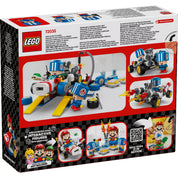 A LEGO Super Mario Mario Kart, Toad garázsa (72035) szett hátoldala, amely a funkciókat és az interaktív lehetőségeket szemlélteti.