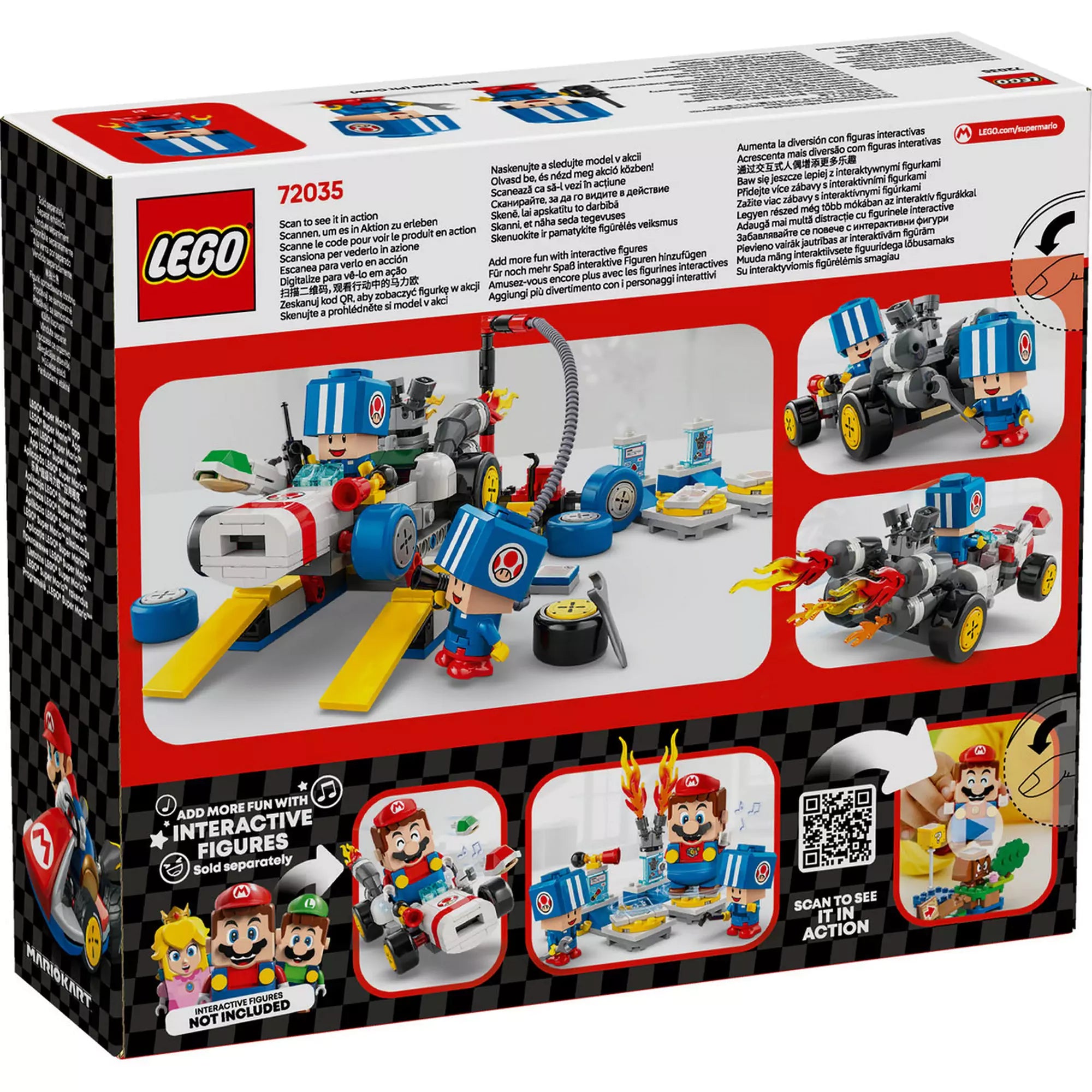 A LEGO Super Mario Mario Kart, Toad garázsa (72035) szett hátoldala, amely a funkciókat és az interaktív lehetőségeket szemlélteti.