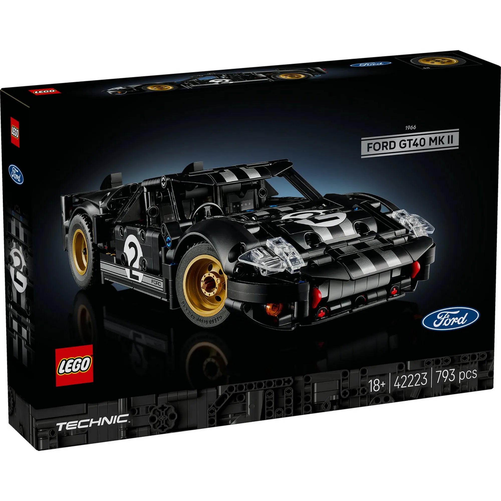 LEGO Technic 1966 Ford GT40 MKII (42223) versenyautó építőkészlet doboza, fekete-ezüst színű klasszikus Ford GT40 modell elölnézetben