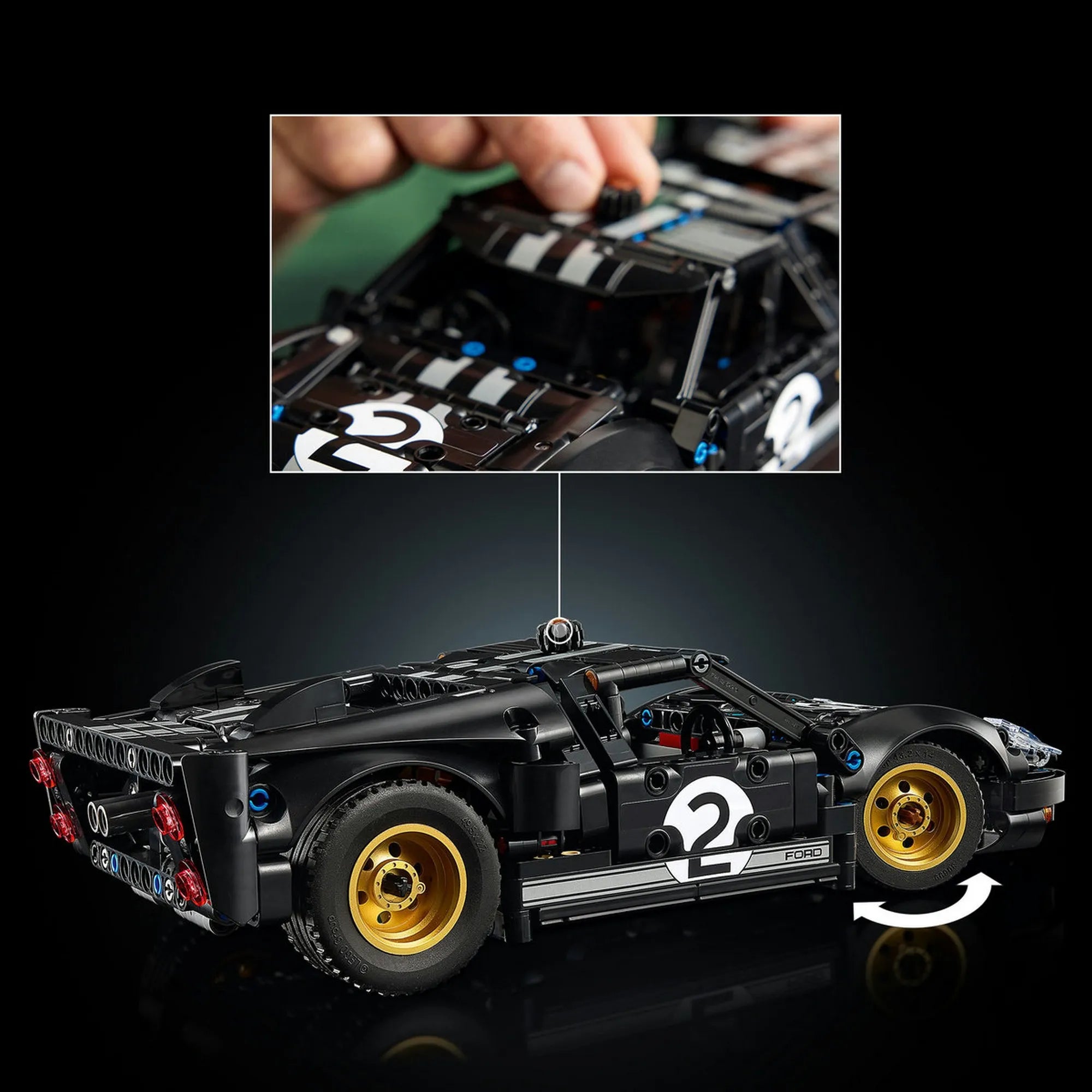 LEGO Technic Ford GT40 MKII modell oldalnézetben, nyitható ajtókkal és működő kormányzással, a mechanikus funkciók szemléltetésével