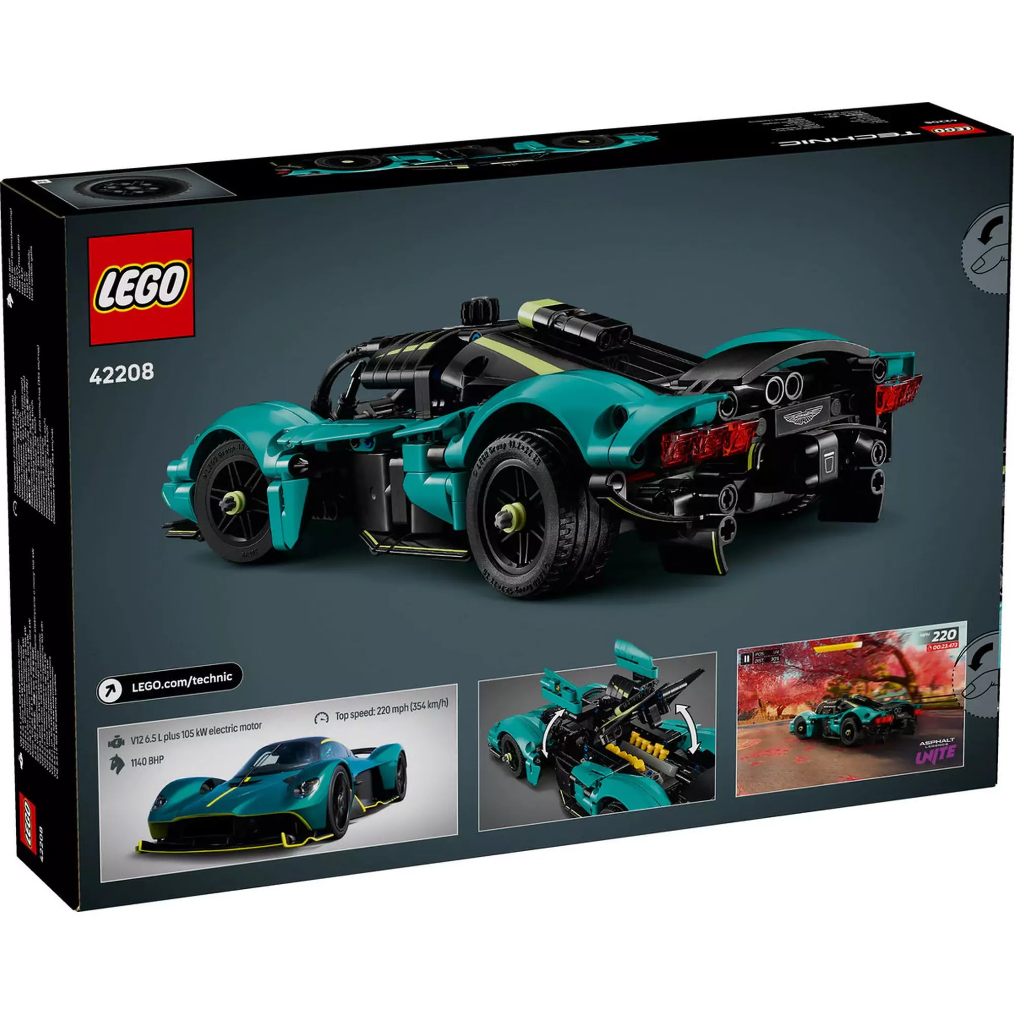 A LEGO Technic Aston Martin Valkyrie (42208) doboz hátlapja, hátulnézeti képpel a modellről, valamint az autó technikai adatait és játékos funkcióit bemutató képrészletekkel.