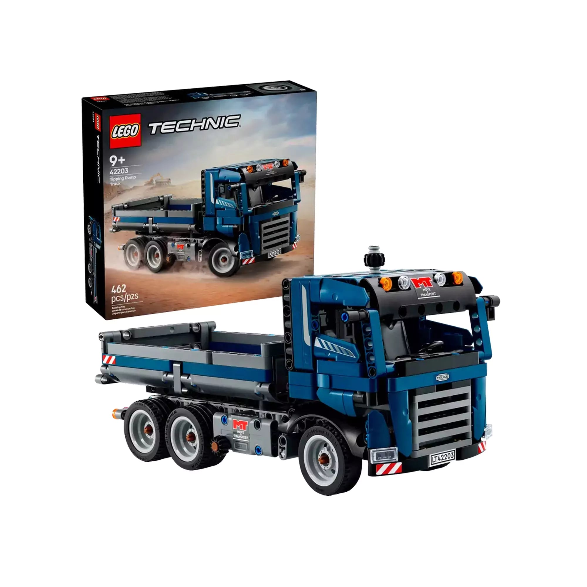  LEGO Technic Billenőplatós teherautó (42203) összeépített modellje a doboza előtt.