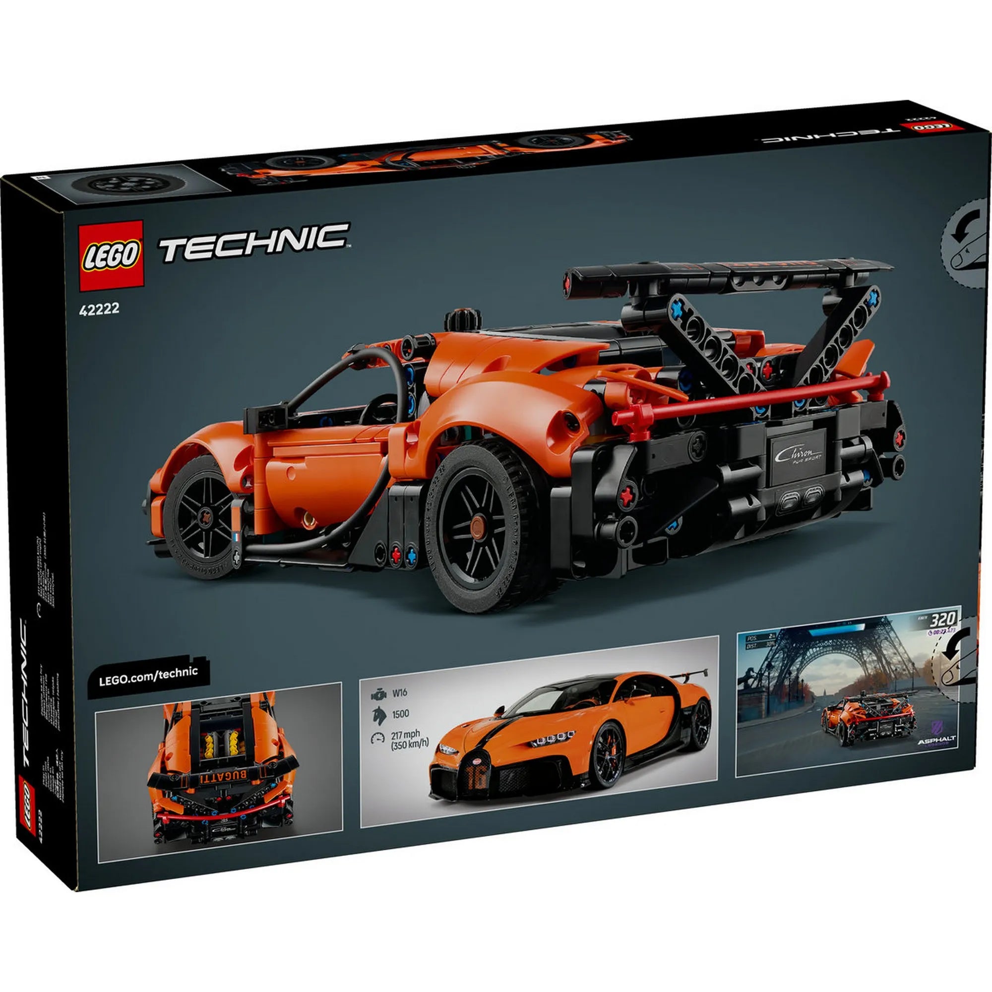 LEGO Technic Bugatti Chiron Pur Sport (42222) készlet dobozának hátoldala, funkciók, méretek és az Asphalt Legends digitális tartalom bemutatásával