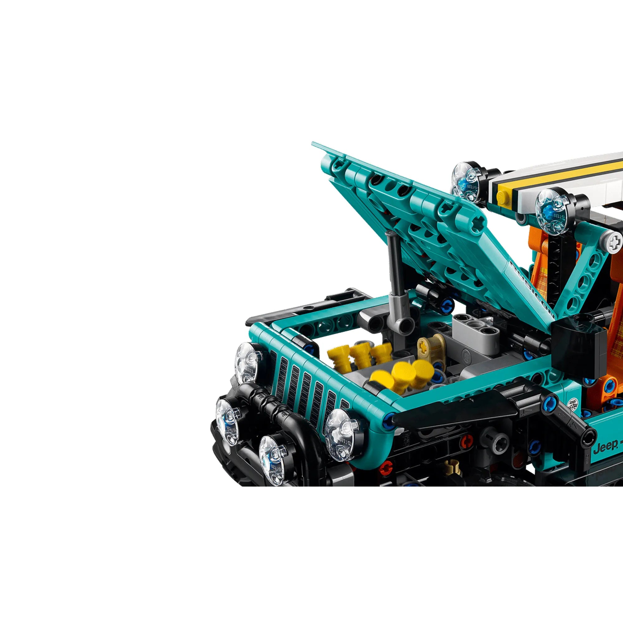 LEGO Technic: Jeep Wrangler Rubicon SUV 42227, 723 darabos modell nyitott motorháztetővel, részletes motorral, első lámpákkal és terepjáró hűtőráccsal.