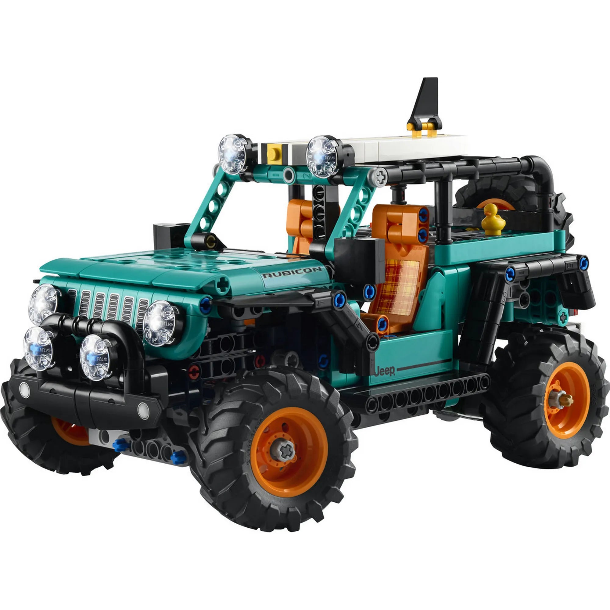 LEGO Technic: Jeep Wrangler Rubicon SUV 42227, 723 darabos részletes terepjáró modell elölnézetből, tetőlámpákkal, nyitott karosszériával és nagyméretű off-road kerekekkel.