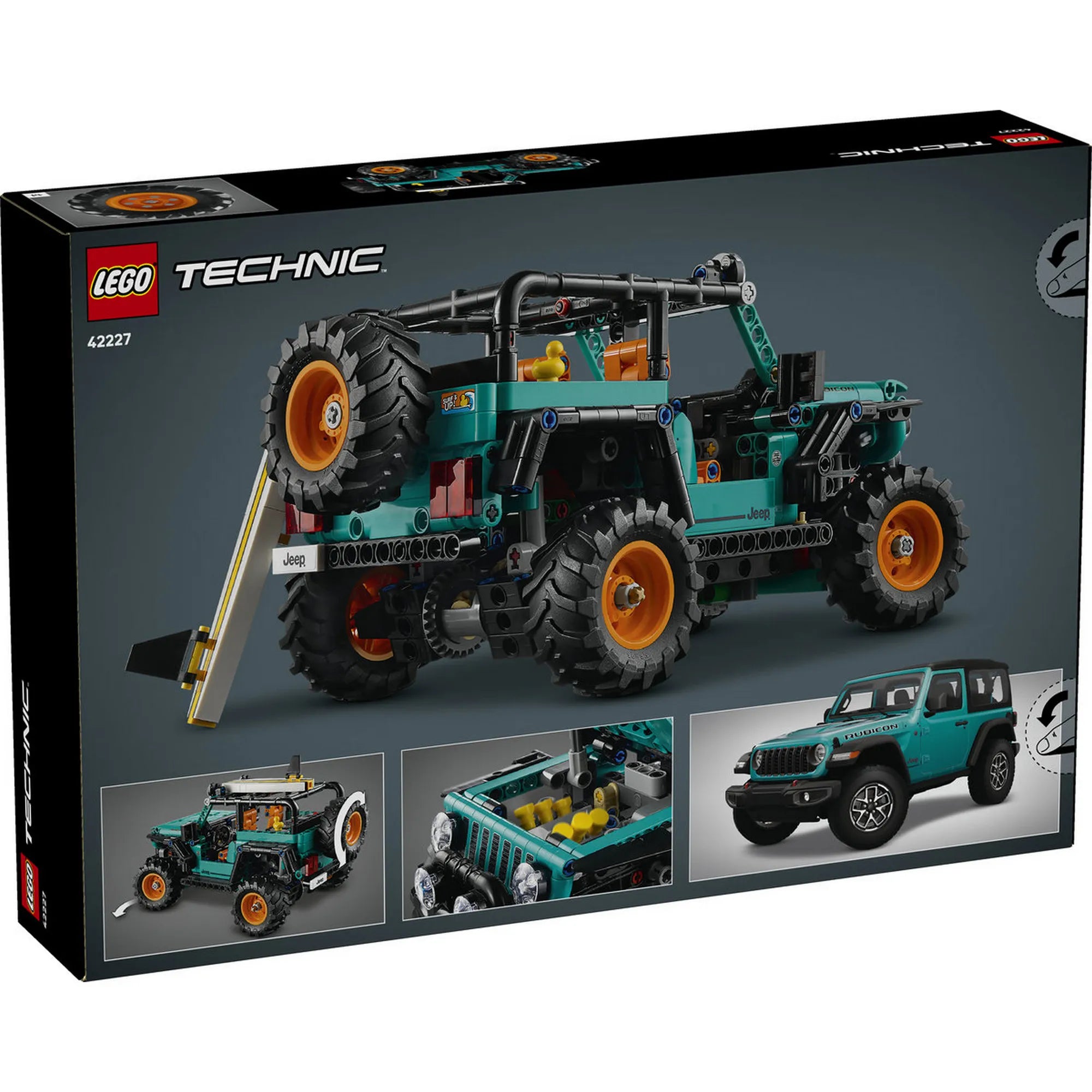 LEGO Technic: Jeep Wrangler Rubicon SUV 42227, 723 darabos készlet dobozképe, a zöld Jeep Wrangler Rubicon LEGO Technic modell a sivatagos háttér előtt.