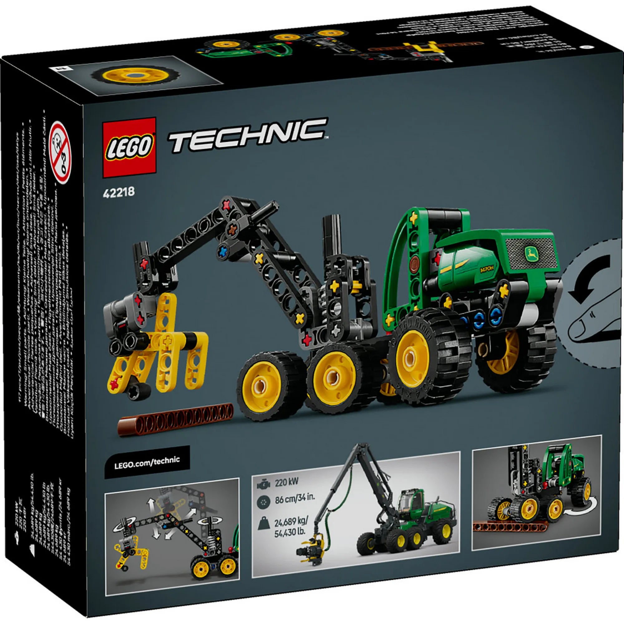 LEGO Technic: John Deere 1470H kerekes betakarítógép 42218 – A doboz hátoldala, a modell funkcióinak bemutatásával.