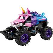LEGO Technic Monster Jam Sparkle Smash 42220 részletgazdag elölnézet, unikornis fej és hatalmas kerekek