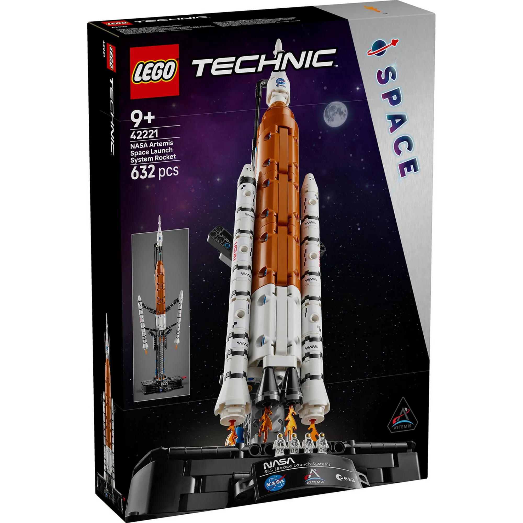 LEGO Technic: NASA Artemis rakétakilövő rendszer 42221 – A LEGO Technic készlet dobozának eleje, a teljes rakétamodellel.