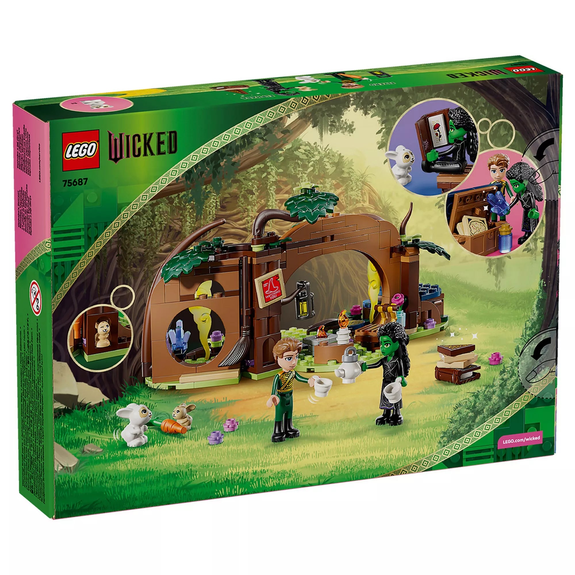 A LEGO Wicked Elphaba rejtekhelye (75687) doboz hátoldala, rajta a rejtekhely funkciói és a szereplők jelenetei.