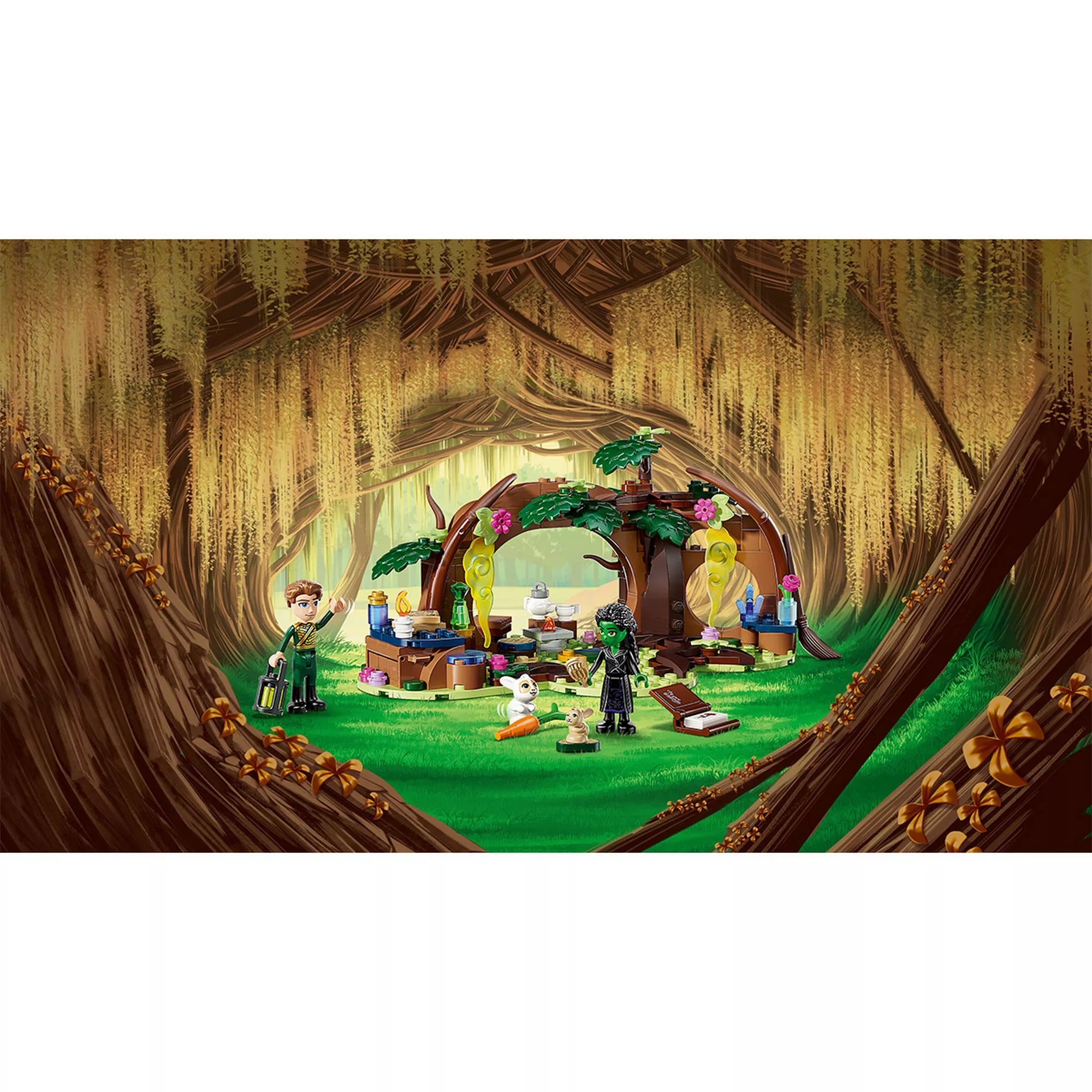 A LEGO Wicked Elphaba’s rejtekhelye (75687) erdei rejtekhelyének hangulatos, tágas háttérillusztrációja a minifigurákkal.